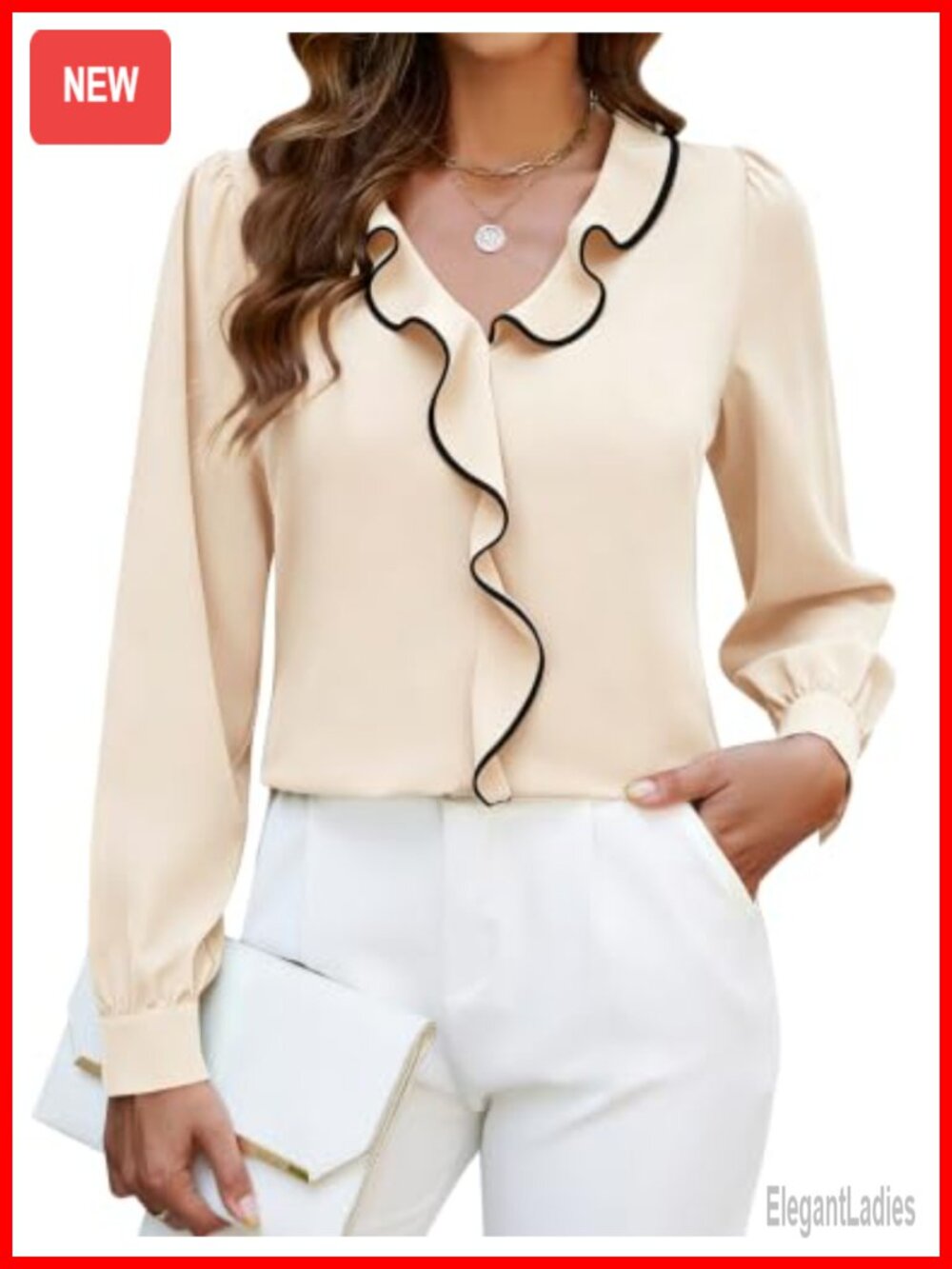 Womens Ruffle V-Neck Long Sleeve Blouse Business Casual Dressy Top